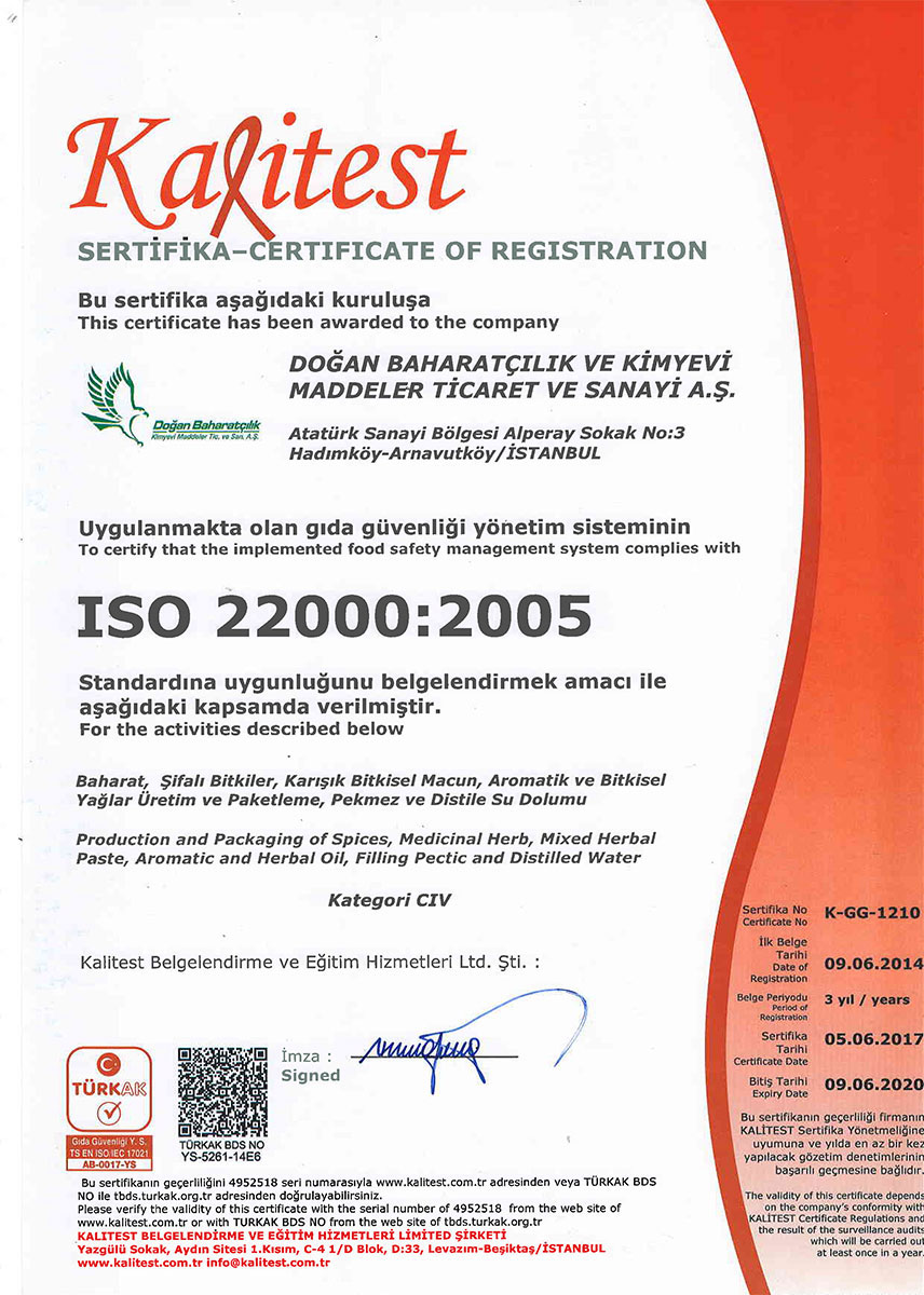 Doğan Baharatçılık Kalitest iso 22000:2005 gıda Güvenliği Yönetim Sistemi Sertifikası