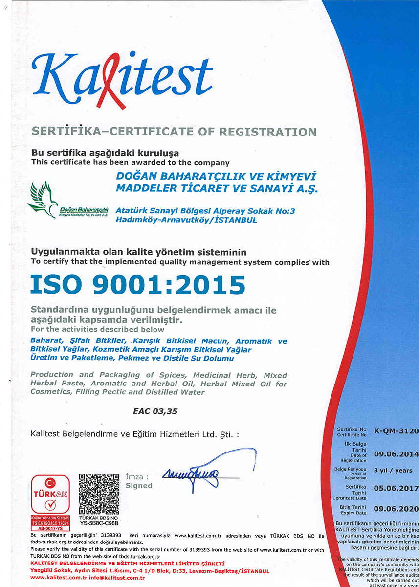 Doğan Baharatçılık Kalitest iso 9001:2015 Kalite Yönetim Sistemi Sertifikası 